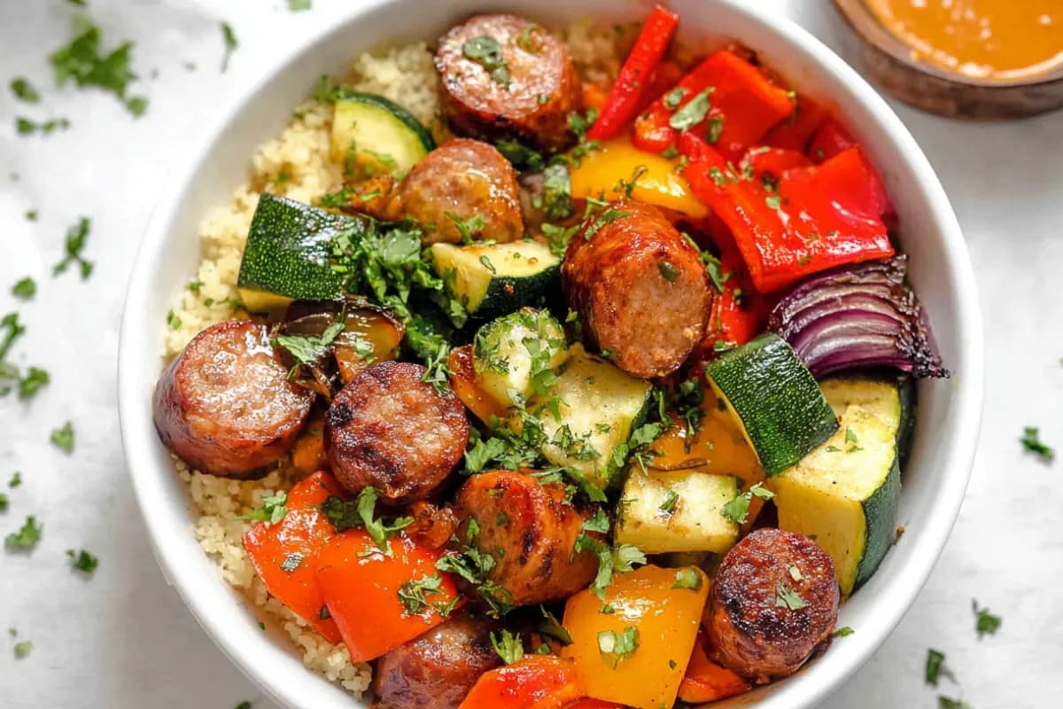 Air fryer chicken sausage and veggies served in a bowl with peppers, zucchini, and onions