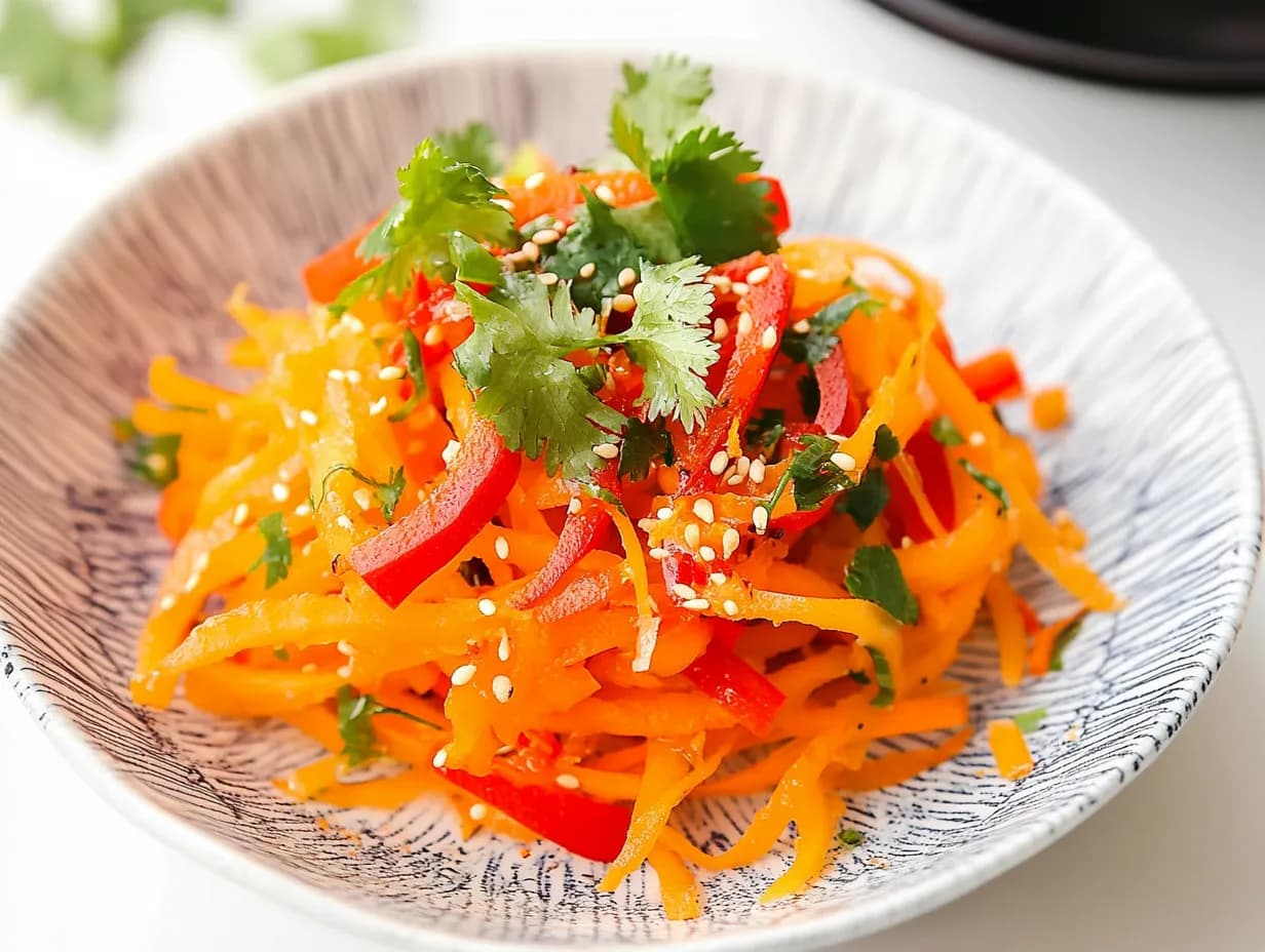 Colorful Asian raw carrot salad with julienned carrots, red bell peppers, fresh cilantro, and sesame seeds, served in a patterned bowl