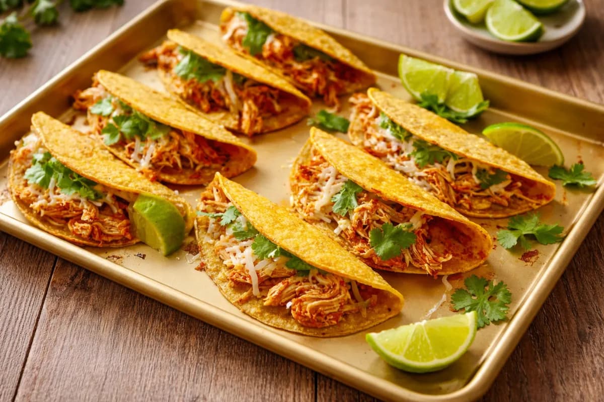 Crispy baked chicken tacos topped with cilantro and served with fresh lime wedges