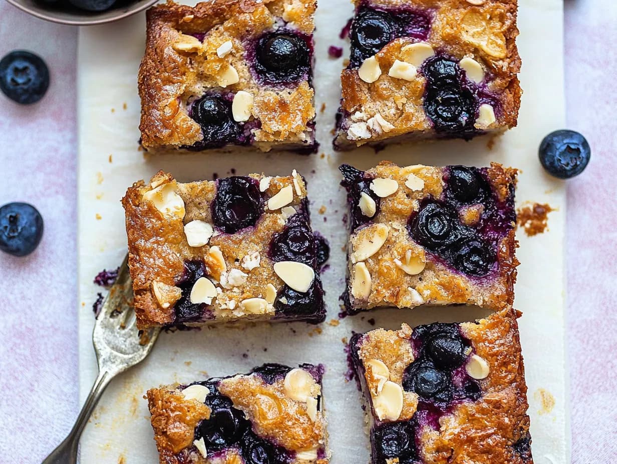Sliced blueberry cottage cheese breakfast bake with golden crust, almonds, and juicy baked blueberries