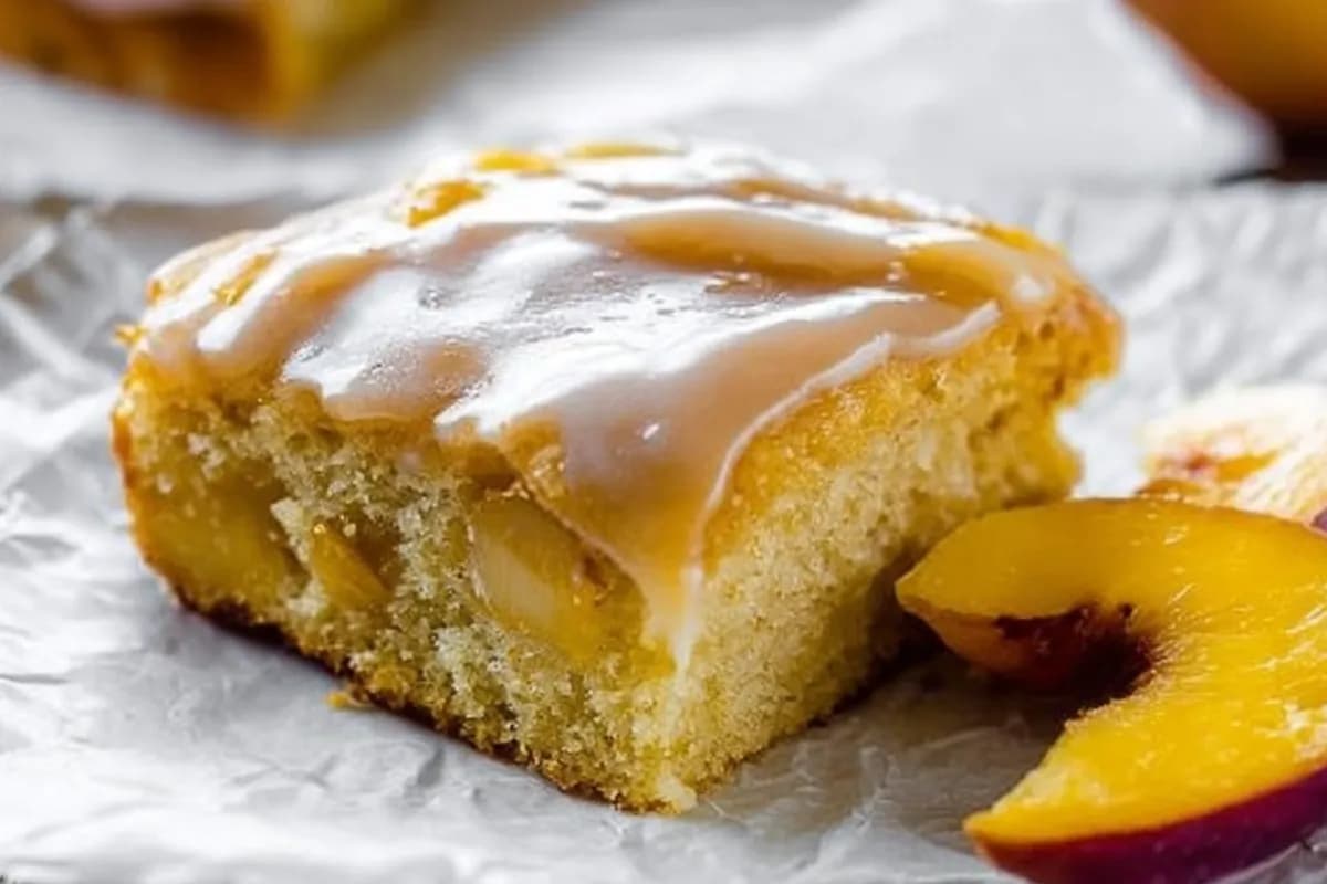 Moist Brown Sugar Peach Cake topped with rich caramel brown sugar frosting