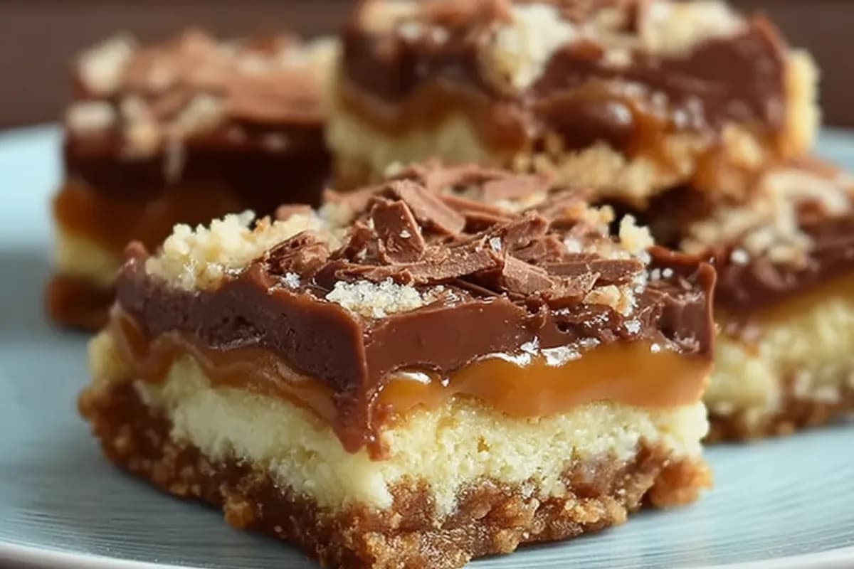 cake mix toffee bars with chocolate layer and caramel drizzle