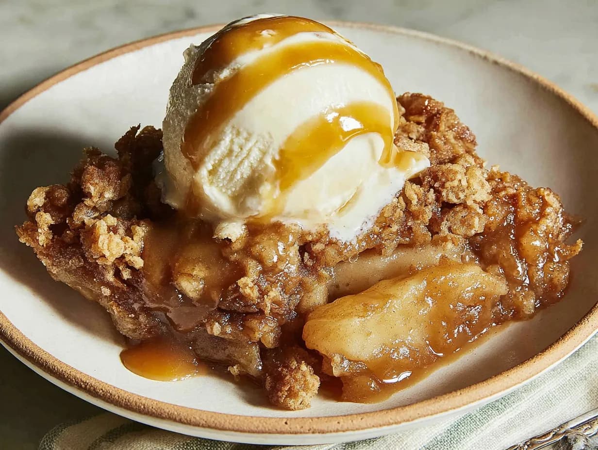 Caramel apple dump cake with vanilla ice cream and caramel drizzle