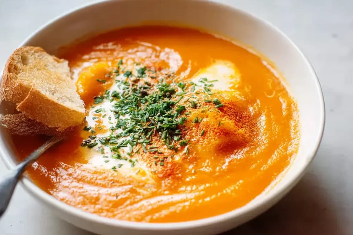 Creamy carrot soup recipe with cream swirl, paprika, chives, and bread on the side