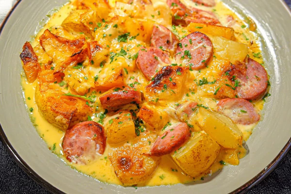 Cheesy ranch potatoes and smoked sausage casserole bubbling golden in creamy cheese sauce