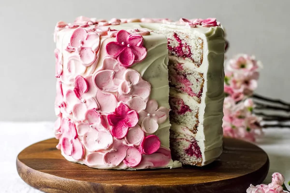 Cherry blossom cake with pink floral buttercream and chocolate swirl interior on wood cake stand