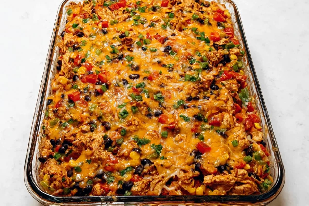 Cheesy Chicken Burrito Casserole baked golden with corn, black beans, and bell Peppers