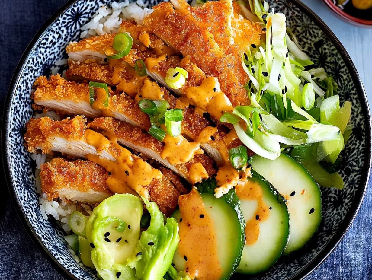 Chicken katsu bowl with crispy panko chicken, creamy curry sauce, avocado, and cucumber