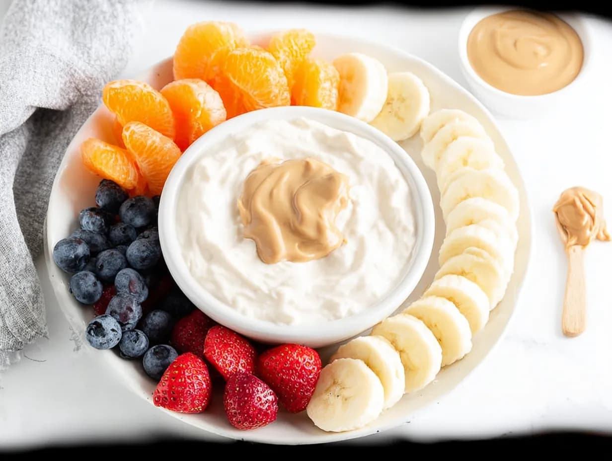 Cottage cheese with peanut butter served with banana, berries, and citrus fruit