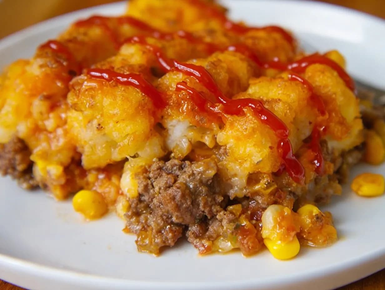 Cowboy casserole served on a plate with crispy Tater Tots, beef, and corn