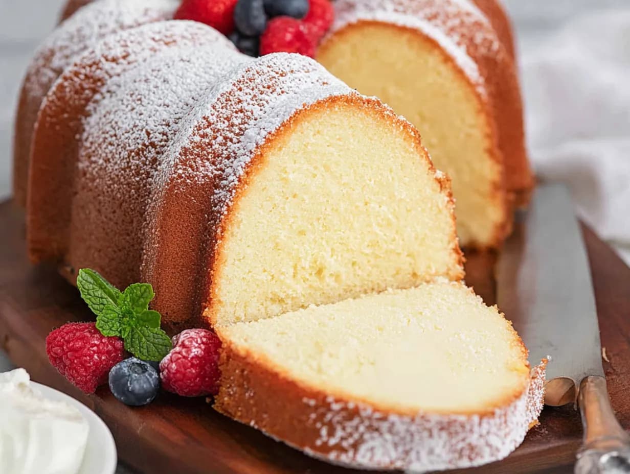 Slice of vanilla Bundt cake dusted with powdered sugar, showing a moist yellow crumb, served on a wooden board with fresh raspberries, blueberries, and mint.