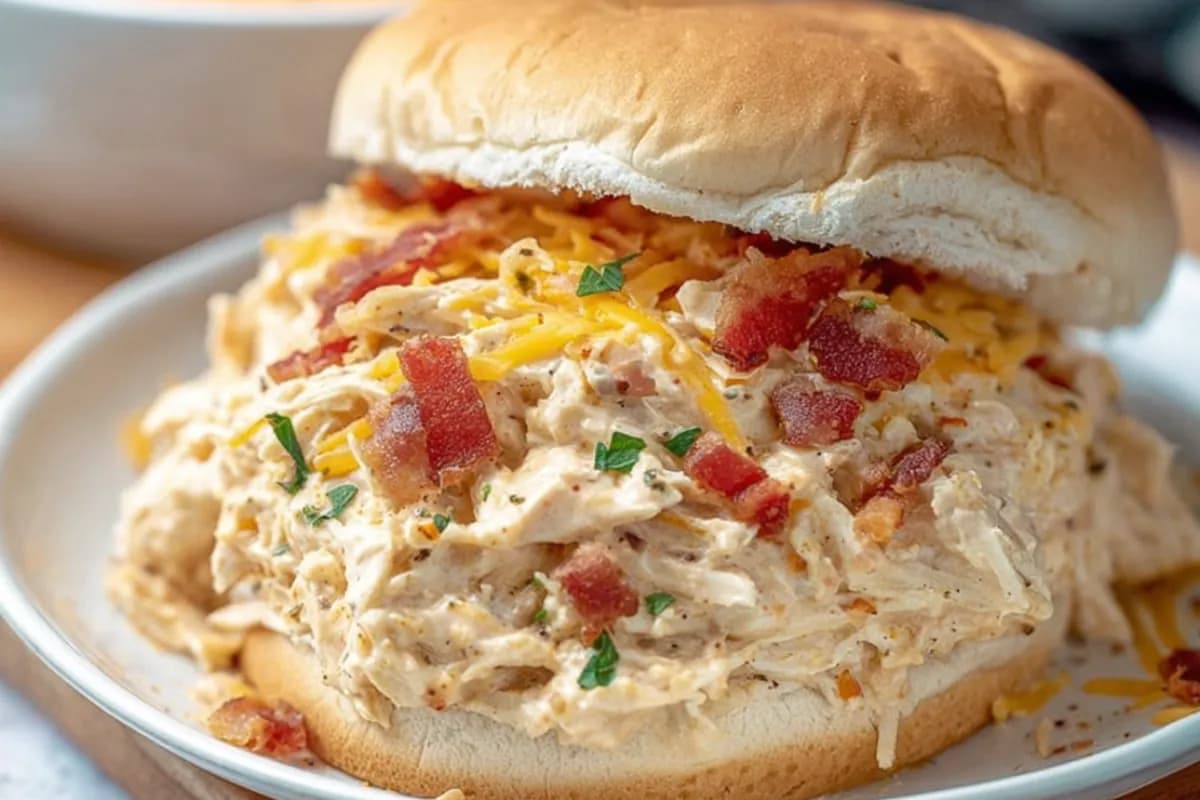 Creamy crockpot crack chicken sandwich topped with cheddar, bacon, and green onions.