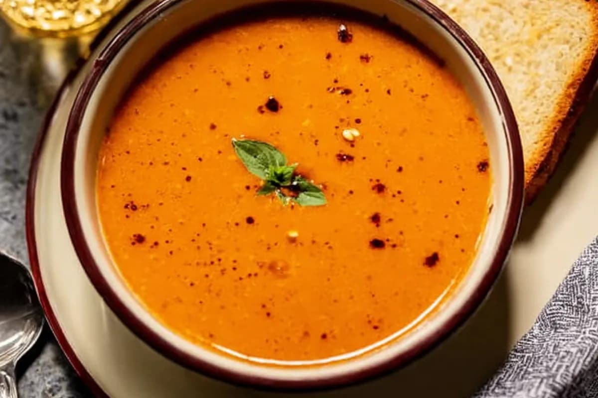 Creamy roasted garlic tomato soup served with toasted bread