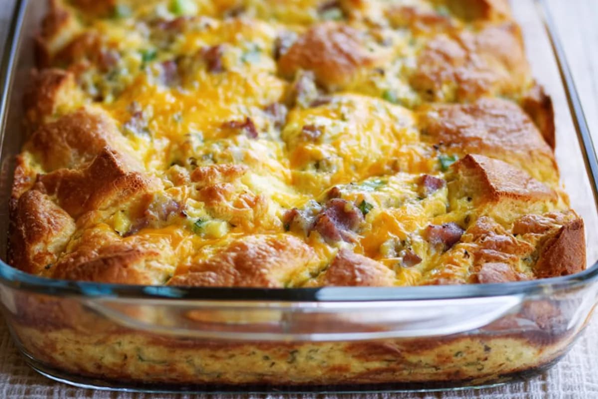 Crescent Roll Breakfast Casserole baked golden brown in a glass dish
