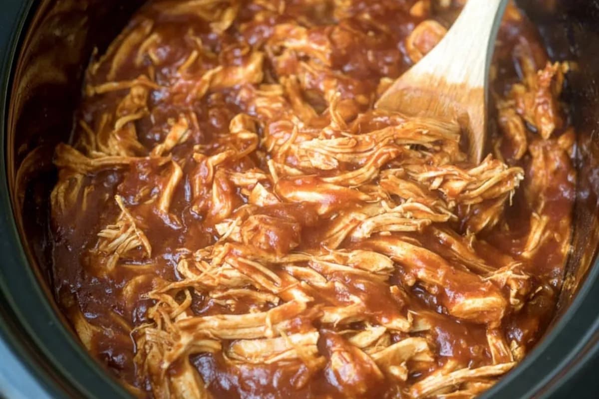 Crockpot BBQ chicken shredded in rich sauce inside slow cooker