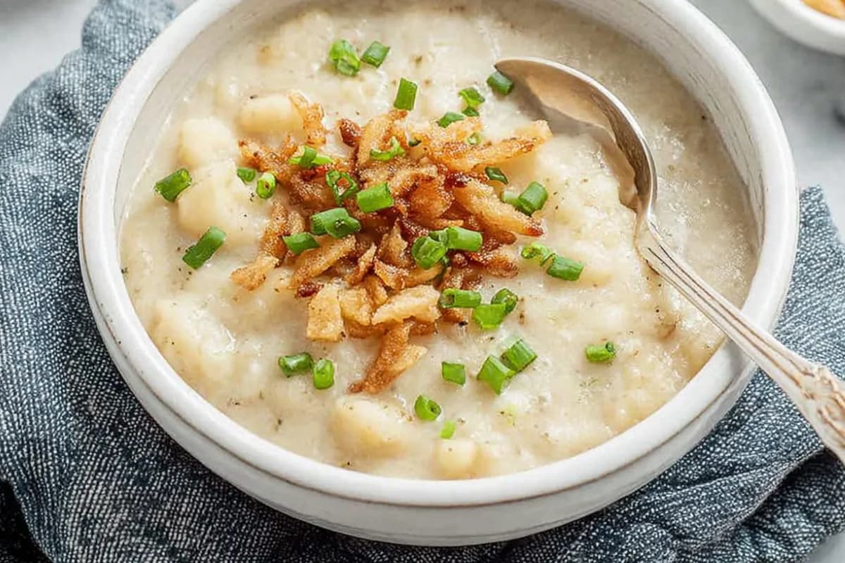 Bowl of creamy Crockpot Potato Soup topped with crispy onions and fresh chives.