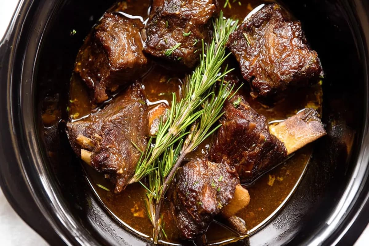 Tender crockpot beef short ribs in a rich sauce with fresh rosemary sprigs in a slow cooker.