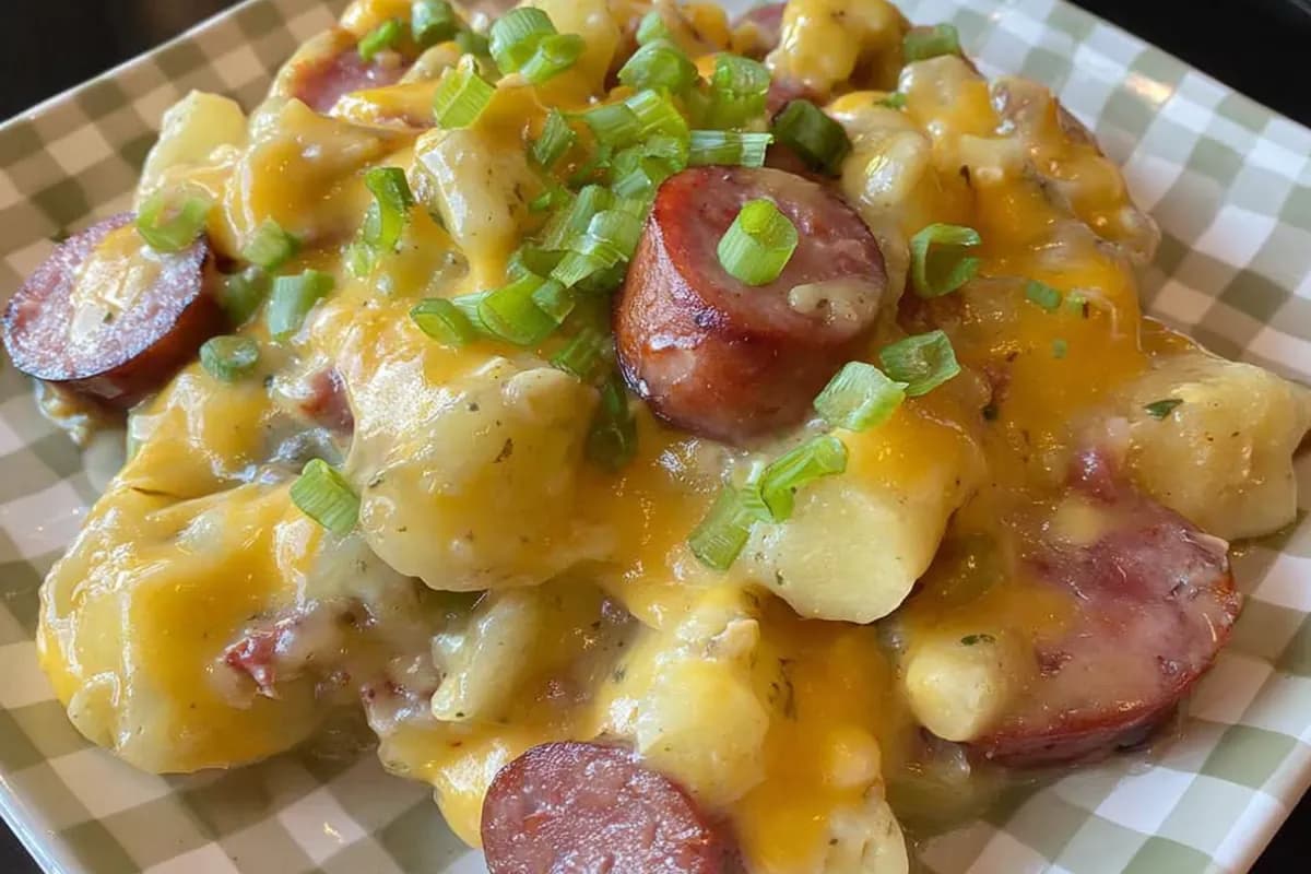 Crockpot Cheesy Potatoes and Kielbasa served with green onions