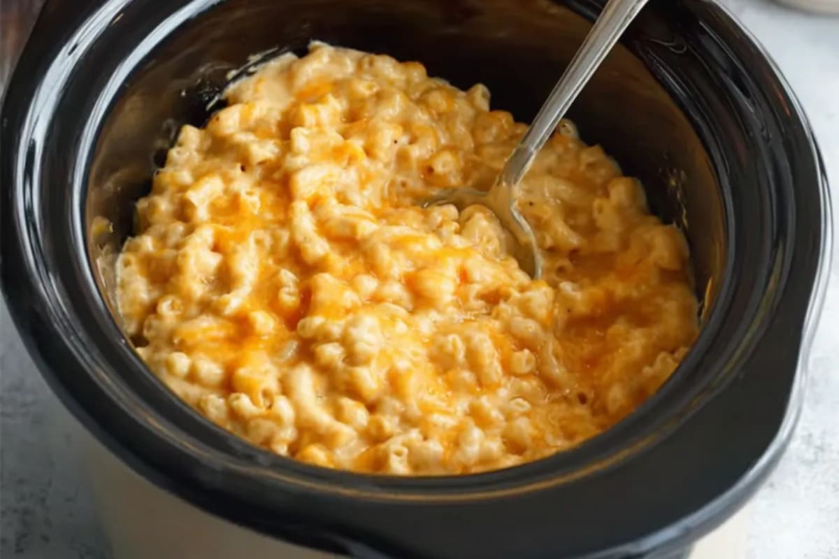 Creamy crockpot mac and cheese bubbling inside a slow cooker with melted cheddar