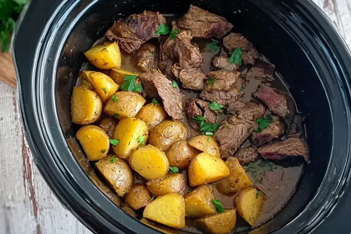 Crockpot steak and potatoes with golden baby potatoes and fresh parsley