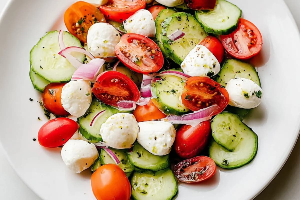Fresh Cucumber Caprese Salad with cherry tomatoes, mozzarella, and balsamic dressing