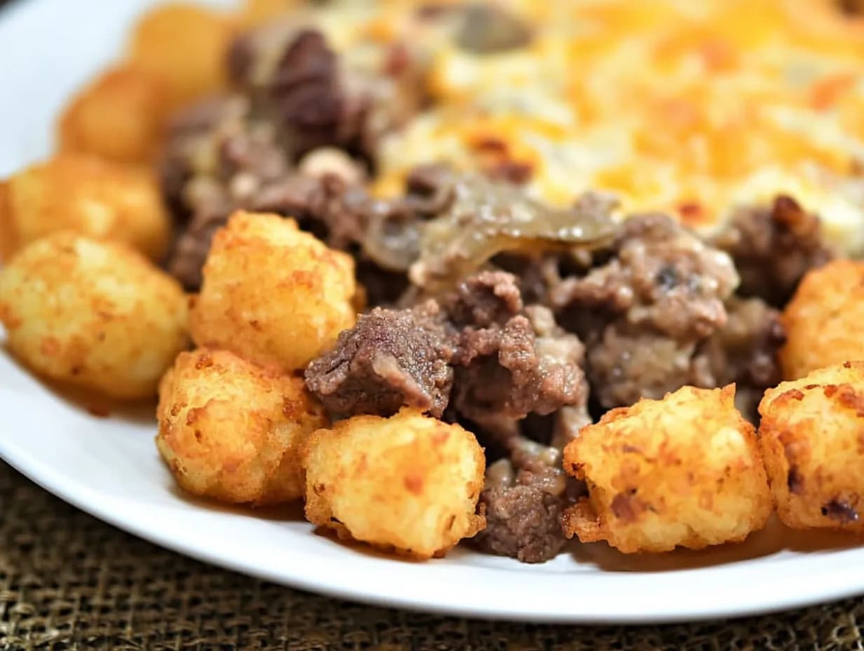 Delicious angel beef casserole with creamy ground beef, mushrooms, and crispy golden tater tots served on a white plate