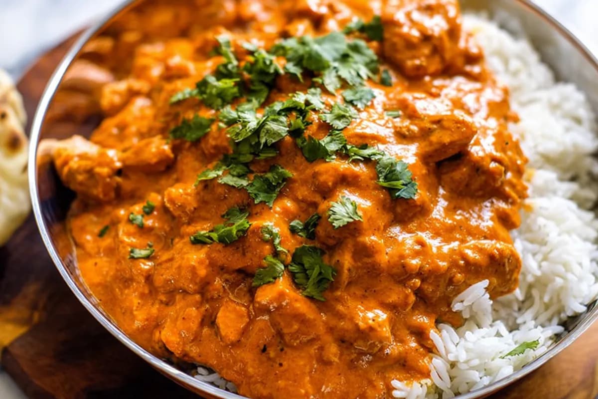 easy 20 minute butter chicken served with rice and naan