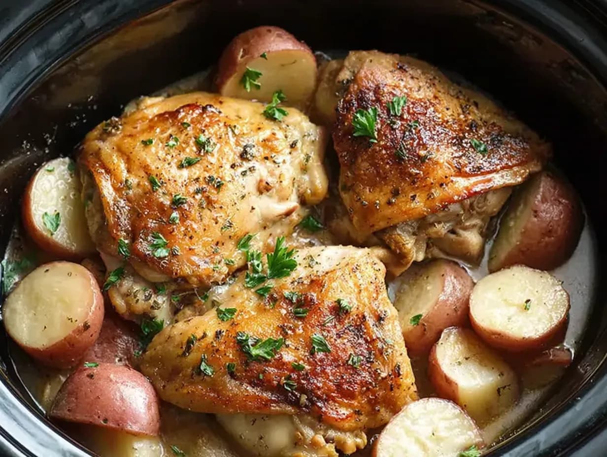 Slow cooker chicken thighs with golden skin, baby red potatoes, and fresh parsley in a rich broth
