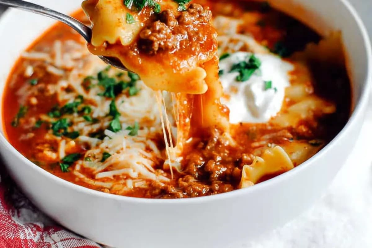 Easy Lasagna Soup Recipe with cheese pull, ground beef, and ricotta garnish