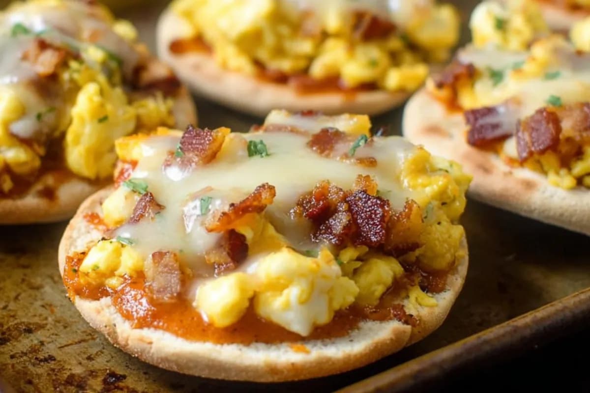 English Muffin Breakfast Pizza topped with scrambled eggs, melted cheese, and crispy bacon on a baking tray
