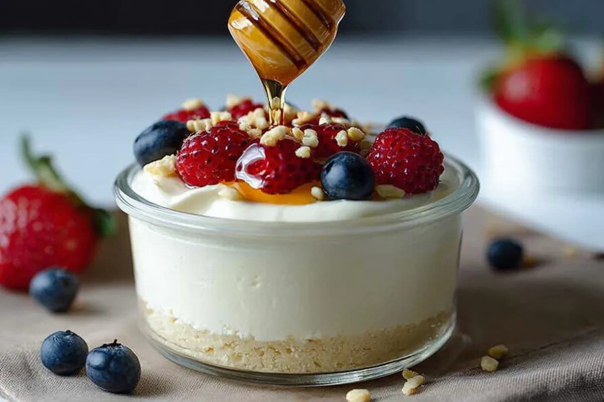 GAPS cream cheese dessert with berries, nuts, and honey in a glass jar