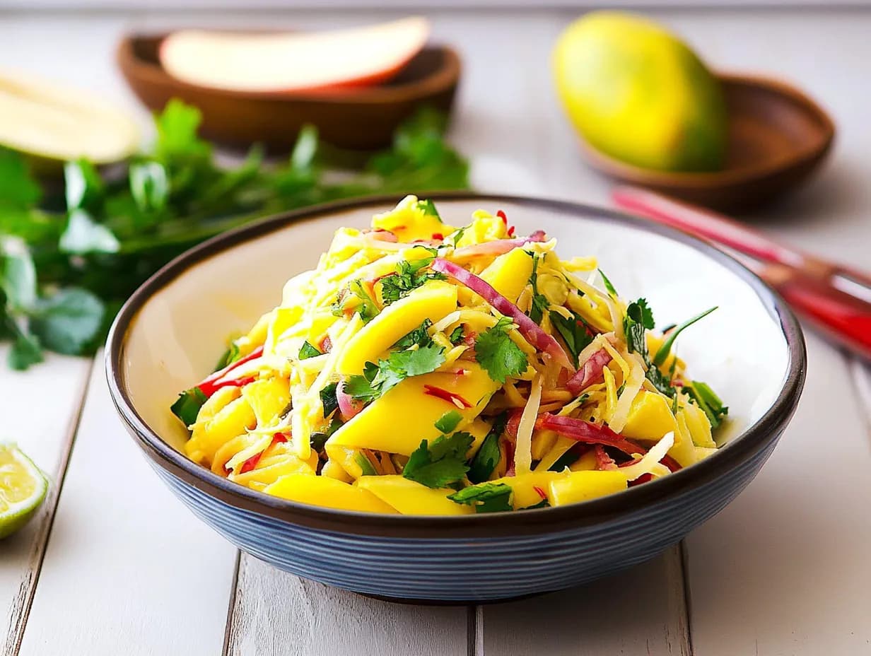 Green mango salad recipe served with herbs and chili