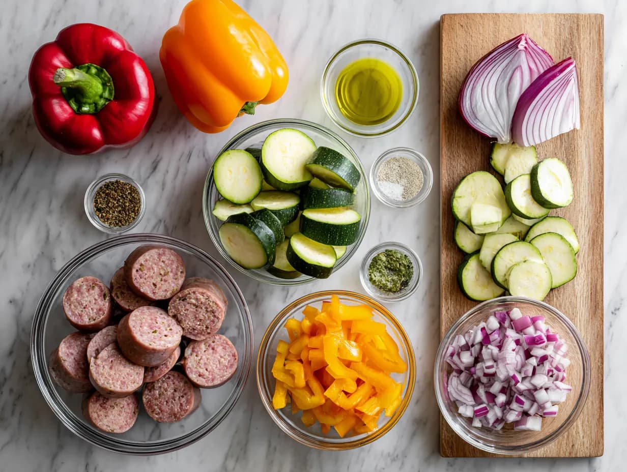Ingredients for air fryer chicken sausage and veggies including bell peppers, zucchini, red onion, chicken sausage, oil, and seasonings