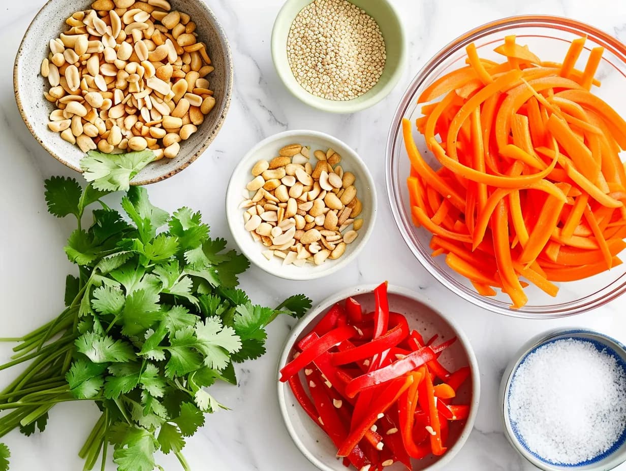 Fresh ingredients for Asian raw carrot salad, including julienned carrots, red bell peppers, cilantro, roasted peanuts, sesame seeds, and salt, arranged on a white surface.