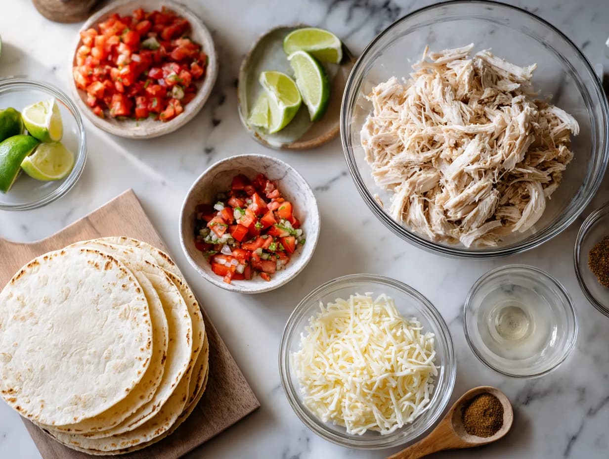 Ingredients for baked chicken tacos arranged on a marble surface including shredded chicken, corn tortillas, cheese, lime, and taco seasoning