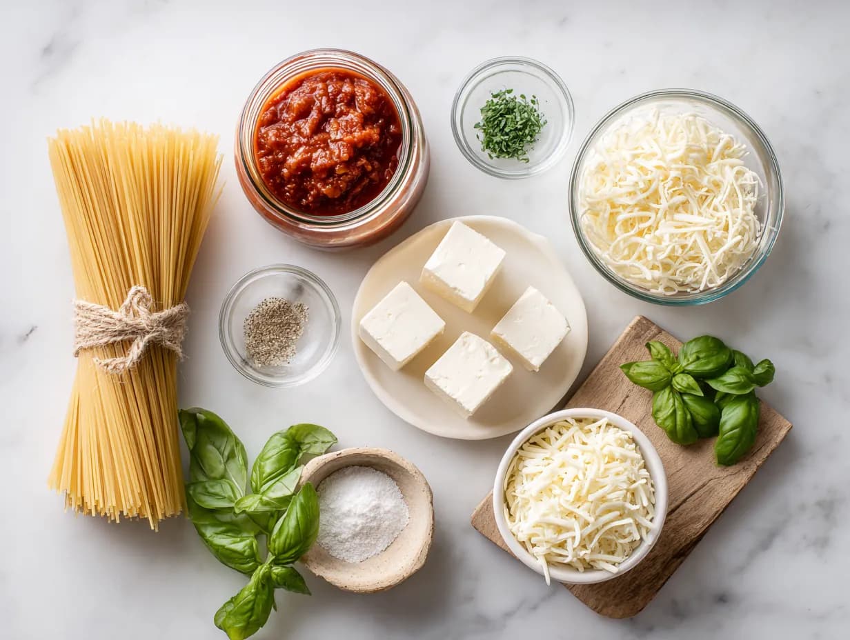 Baked cream cheese spaghetti casserole ingredients arranged on marble, including uncooked spaghetti, cubed cream cheese, pasta sauce, shredded cheese, diced tomatoes, fresh basil, salt, and pepper.