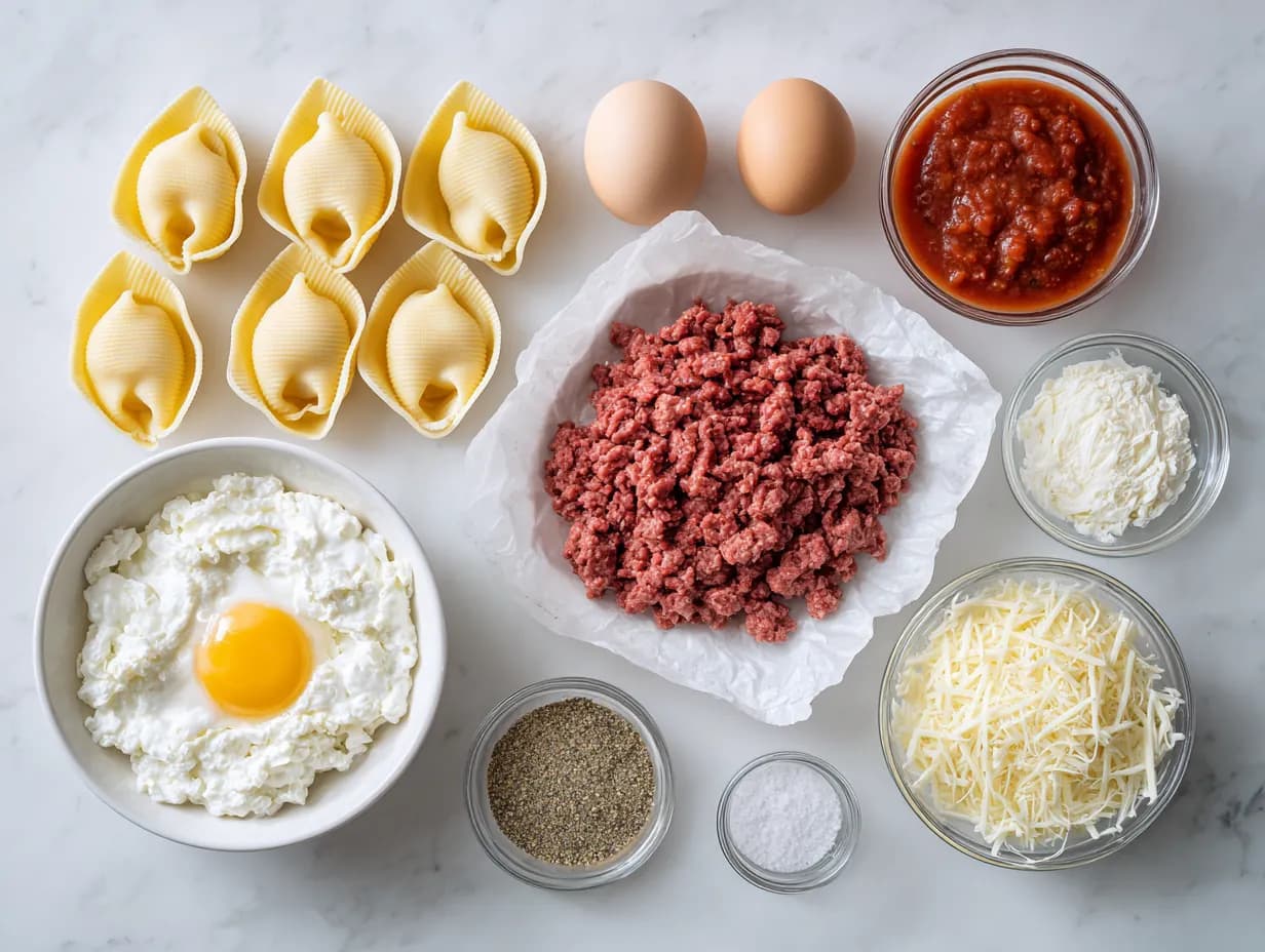 Ingredients for beef stuffed shells with creamy ricotta