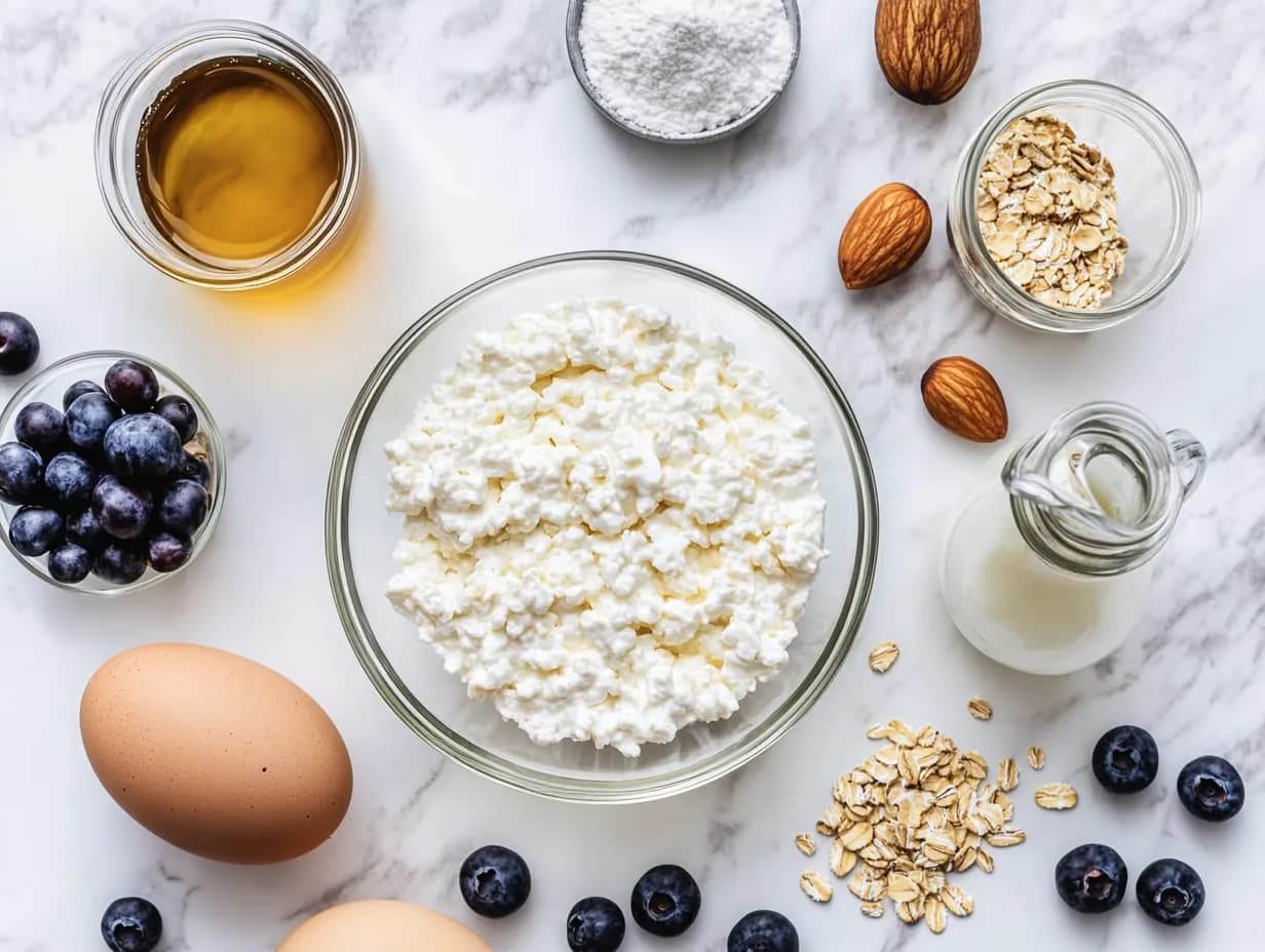Ingredients for blueberry cottage cheese breakfast bake on white marble