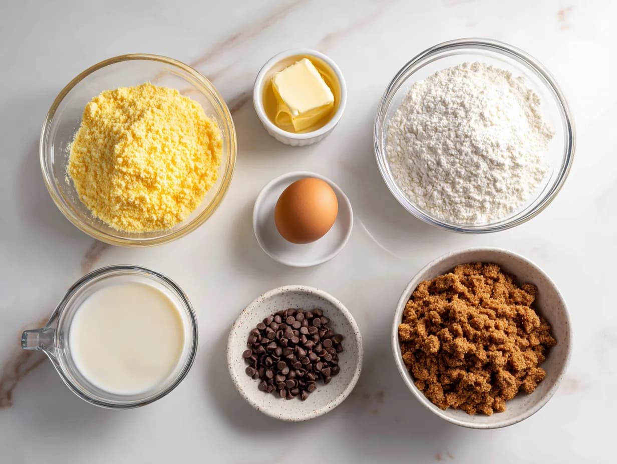 Cake mix toffee bars ingredients including yellow cake mix, sweetened condensed milk, butter, egg, chocolate chips, and toffee bits arranged on a white marble countertop in a minimalist food photography style