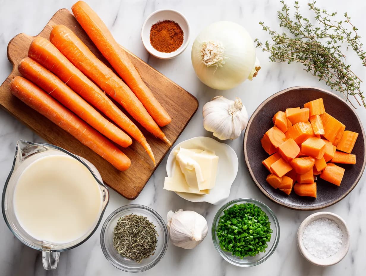 Carrot soup ingredients arranged on a marble surface including carrots, onion, garlic, butter, thyme, vegetable stock, paprika, and chives