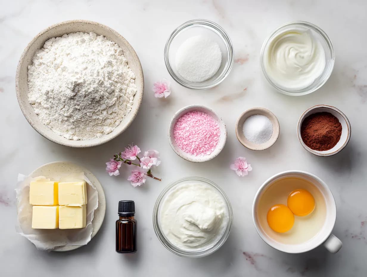 Top-down view of cherry blossom cake ingredients including cake flour, butter, granulated sugar, pink sprinkles, buttermilk, cocoa powder, vanilla extract, egg yolks, and cherry blossoms arranged on a white marble surface