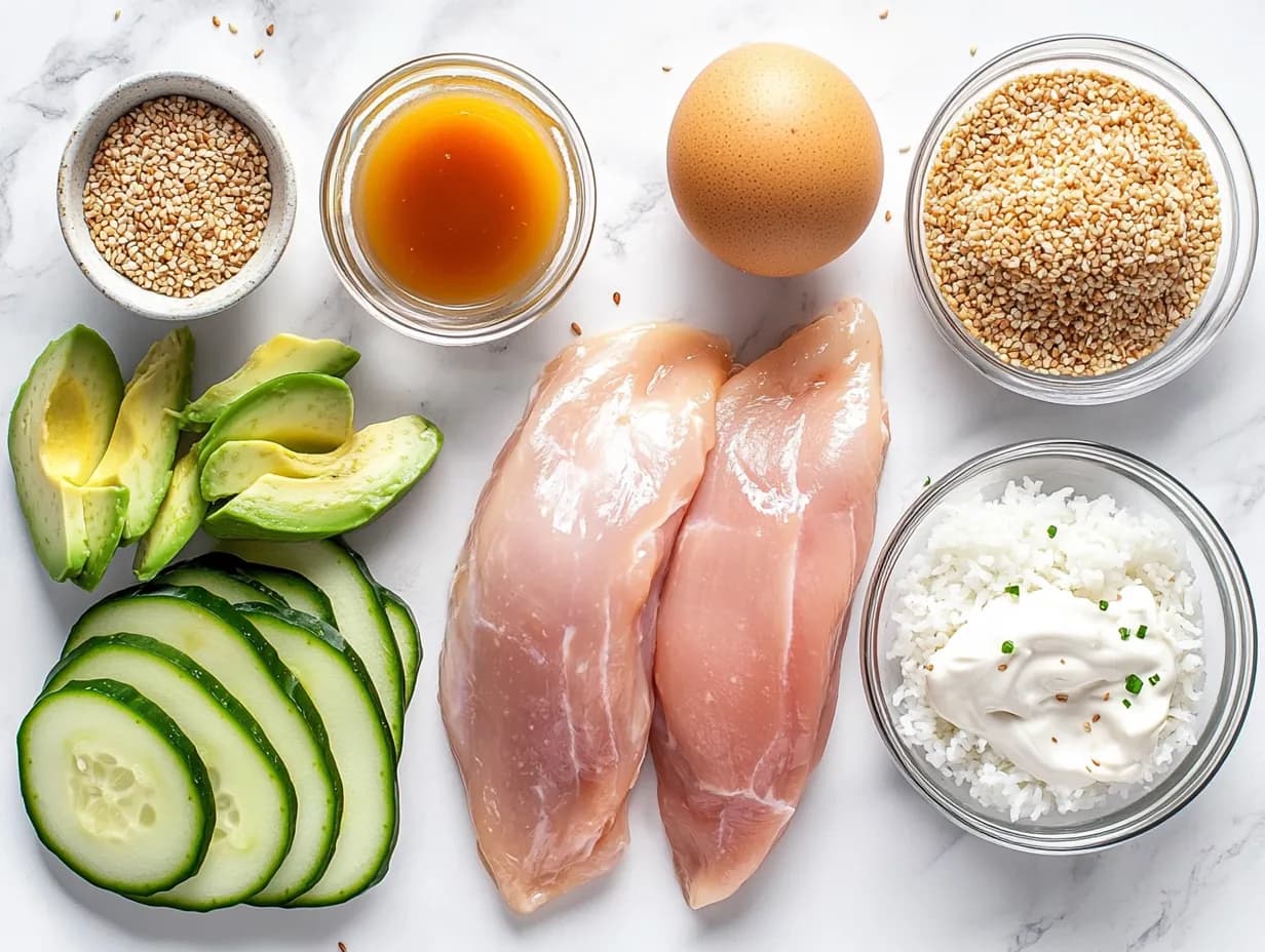 Chicken katsu bowl ingredients: raw chicken breasts, rice, egg, sesame seeds, avocado, cucumber, and curry mayo