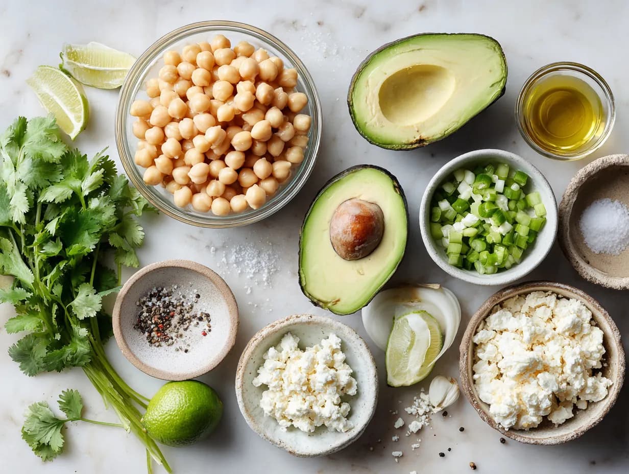 Top-down flat lay of ingredients for Chickpea Feta Avocado Salad including avocado, chickpeas, feta, cilantro, and lime
