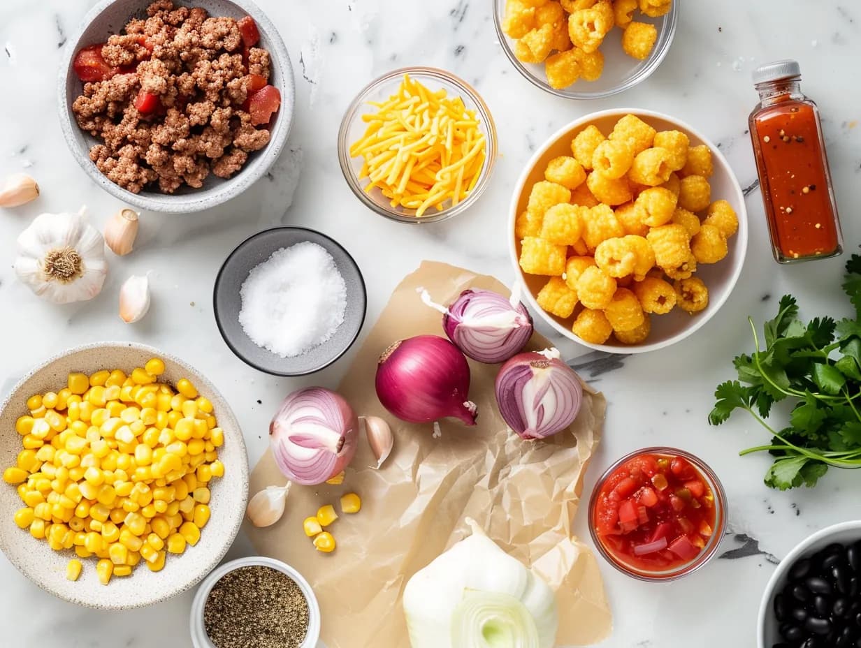 Ingredients for cowboy casserole arranged on a white marble surface: ground beef, corn, Tater Tots, cheese, onions, and seasonings
