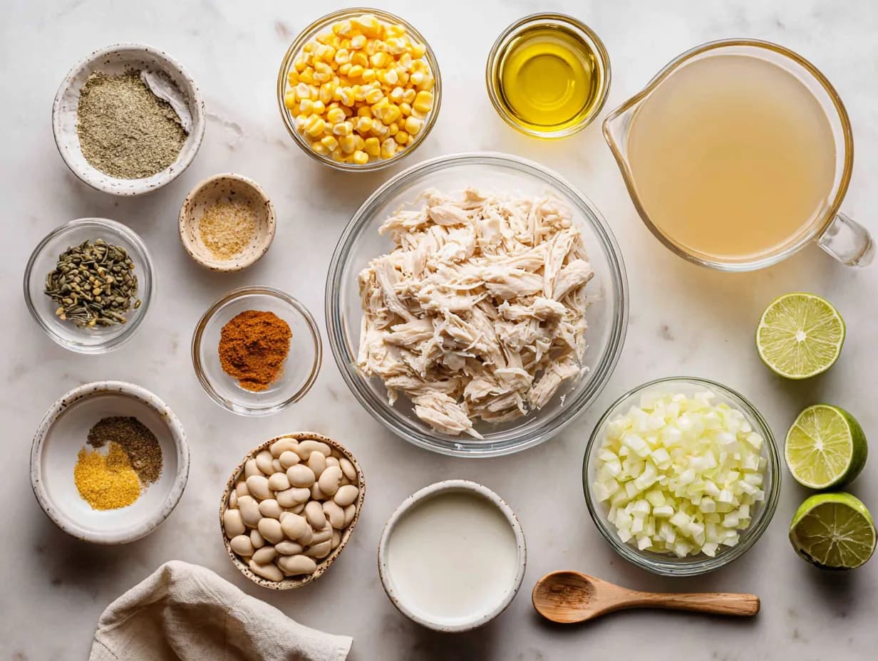 Top-down view of ingredients for creamy white chicken chili arranged on a marble surface