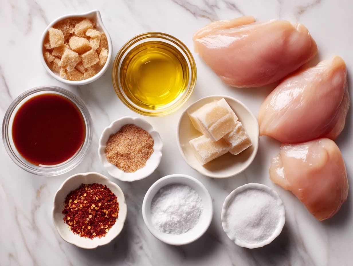 Top-down photo of crockpot BBQ chicken ingredients neatly arranged on white marble