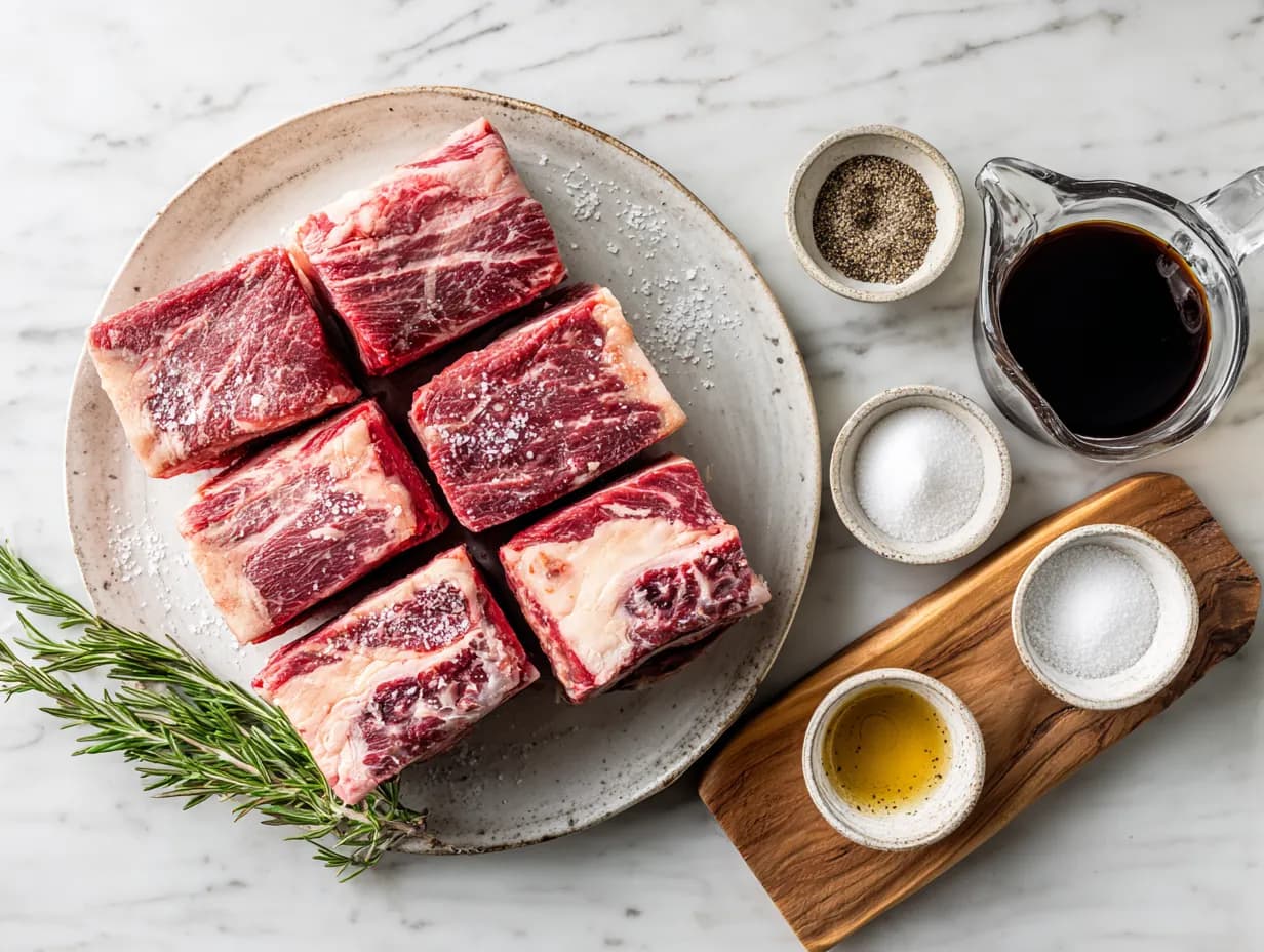 Top-down view of Crockpot Beef Short Ribs ingredients neatly arranged on a marble surface: six raw bone-in short ribs on a ceramic platter with rosemary sprig, small bowls of salt, pepper, and garlic powder, a glass measuring jug of beef broth, and a wooden board holding Worcestershire sauce and onion powder.