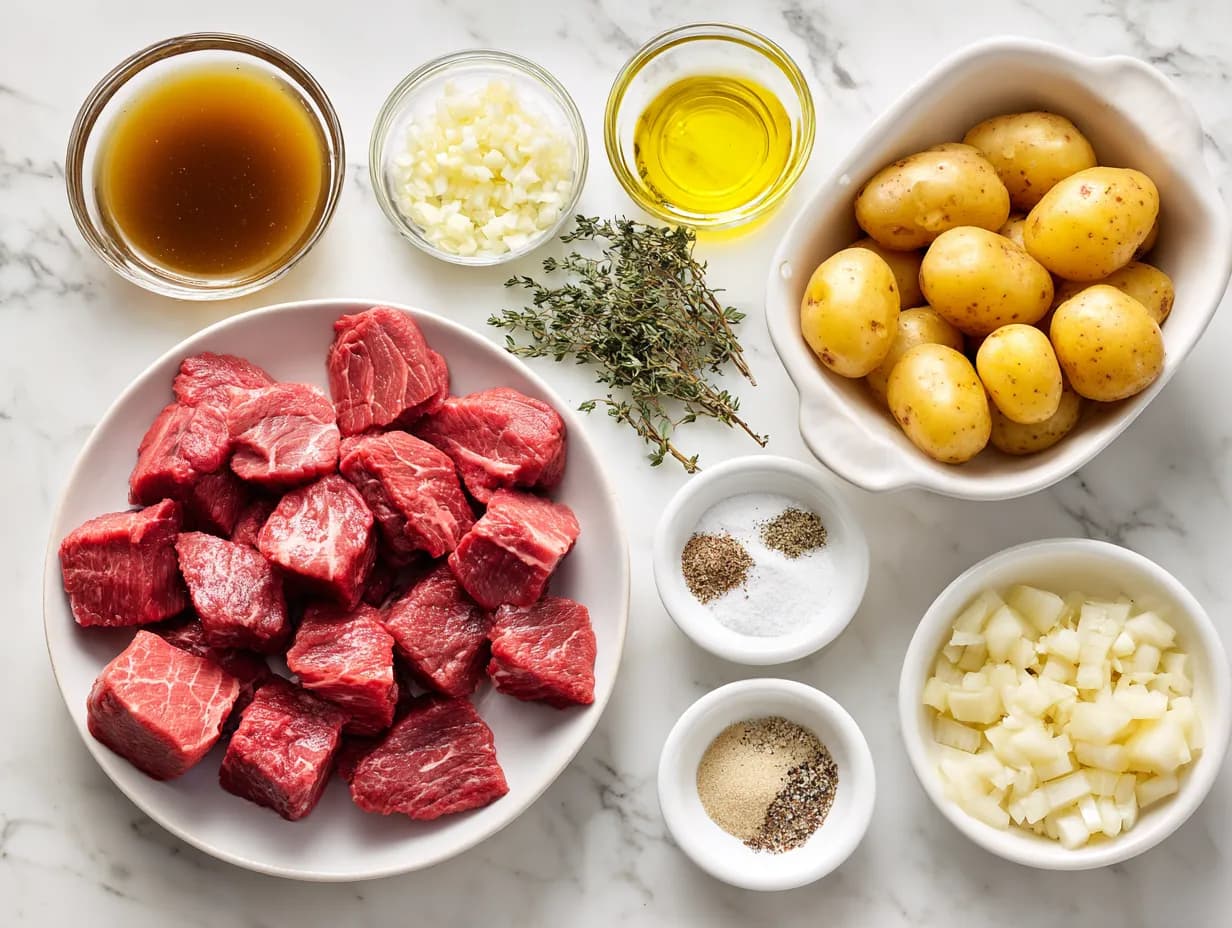 Ingredients for crockpot steak and potatoes on a marble surface
