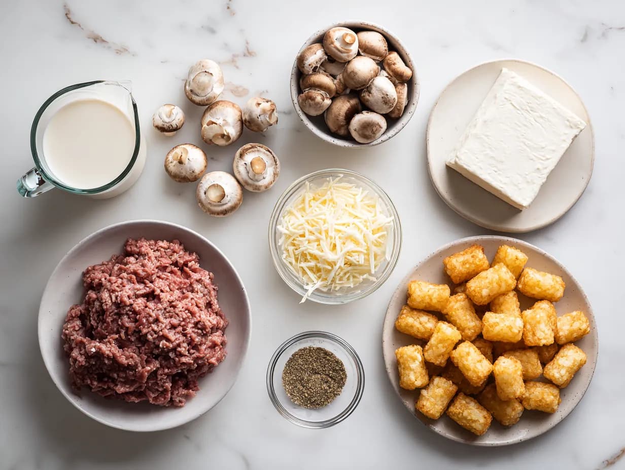 delicious angel beef casserole ingredients displayed on a white marble surface