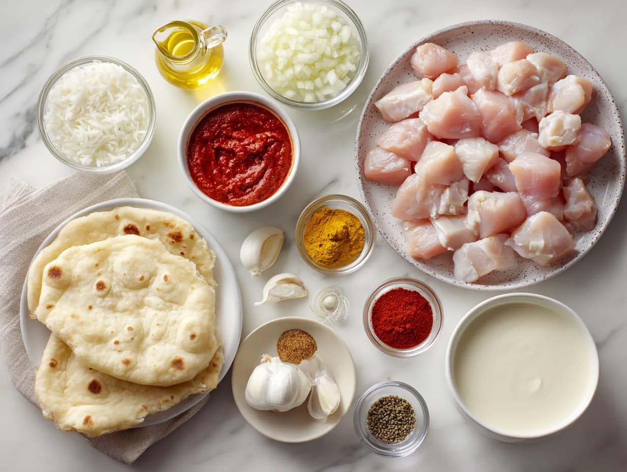 ingredients for easy 20 minute butter chicken arranged on marble